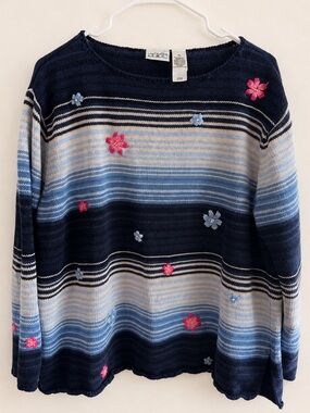 Ramie Cotton Blend Striped Navy & Blue Floral Embroidered Sweater XL